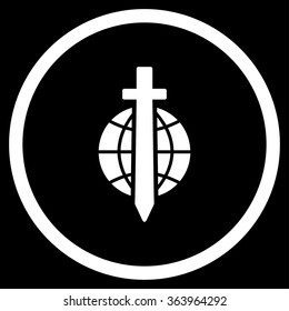 International Sword vector icon. Style is flat circled symbol, white color, rounded angles, black background.