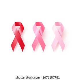 The international symbol of the fight against breast cancer, pink and red silk ribbon on white background, vector icon.