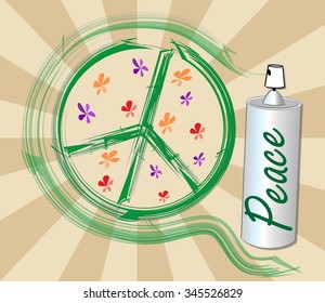 International symbol of peace, disarmament, anti-war movement. Grunge street art design with spray, inscription peace. Vector image on radiating background. Retro motif of hippies movement