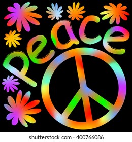 International symbol of peace, disarmament, anti-war movement. Grunge street art design in hippies rainbow colors, inscription peace. Vector on radiating background. Retro motif of hippies movement