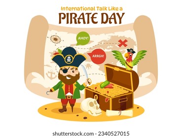 Ilustración de vectores de Día del Pirata con un carácter de caricatura pirata a mano dibujado para banner web o plantillas de páginas de aterrizaje