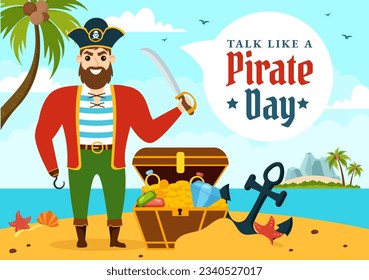 Ilustración de vectores de Día del Pirata con un carácter de caricatura pirata a mano dibujado para banner web o plantillas de páginas de aterrizaje