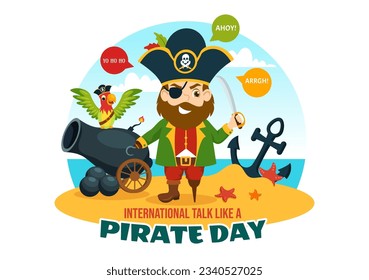 Ilustración de vectores de Día del Pirata con un carácter de caricatura pirata a mano dibujado para banner web o plantillas de páginas de aterrizaje