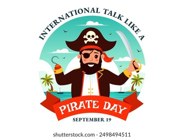 Charla internacional como una Ilustración vectorial del día del pirata con los personajes lindos de la historieta del pirata y los Elementos decorativos en fondo plano de la historieta del estilo