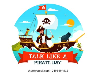 International Talk Like a Pirate Day Vector Illustration with Cute Pirate Cartoon Characters and Decorative Elements in Flat Style Cartoon Background