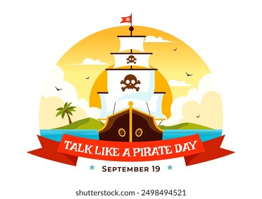 Charla internacional como una Ilustración vectorial del día del pirata con los personajes lindos de la historieta del pirata y los Elementos decorativos en fondo plano de la historieta del estilo