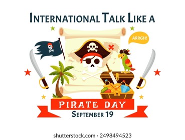 International Talk Like a Pirate Day Vector Illustration with Cute Pirate Cartoon Characters and Decorative Elements in Flat Style Cartoon Background