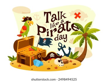 International Talk Like a Pirate Day Vector Illustration with Cute Pirate Cartoon Characters and Decorative Elements in Flat Style Cartoon Background