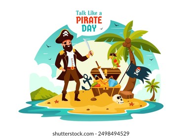 International Talk Like a Pirate Day Vector Illustration with Cute Pirate Cartoon Characters and Decorative Elements in Flat Style Cartoon Background