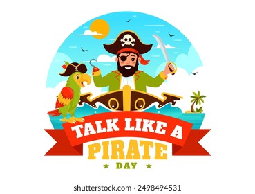 International Talk Like a Pirate Day Vector Illustration with Cute Pirate Cartoon Characters and Decorative Elements in Flat Style Cartoon Background