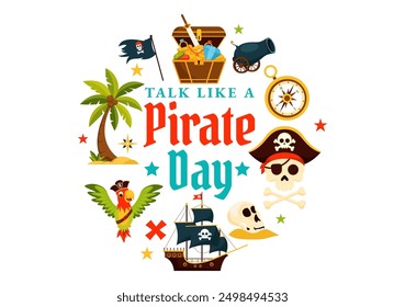 International Talk Like a Pirate Day Vector Illustration with Cute Pirate Cartoon Characters and Decorative Elements in Flat Style Cartoon Background