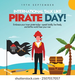 International Talk like Pirate day. 19th September Pirate day banner, post with a pirate in its costume, its flag, treasure chest. It is  the day when everyone in the world should talk like a pirate.