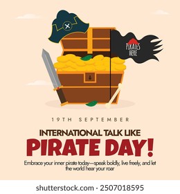 International Talk like a pirate day banner, social media post. 19th September Pirate day banner with a treasure chest, pirate cap, flag, dagger. The day is celebrated to talk like them.