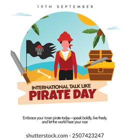 International Talk like Pirate day. 19th September Pirate day banner, post template with a pirate in its costume, its flag, treasure chest. It is day when everyone in the world should talk like pirate