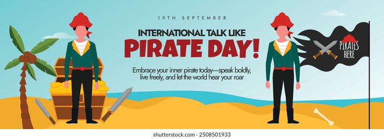 International Talk like Pirate day. 19th September Pirate day cover banner, post with two pirates in its costume, its flag, treasure chest. It is the day when everyone should talk like a pirate.