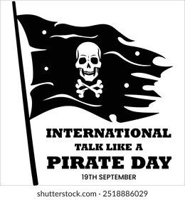 International Talk like a pirate day banner, social media post. 19th September Pirate day banner with a treasure chest, pirate cap, flag, dagger. The day is celebrated to talk like them.