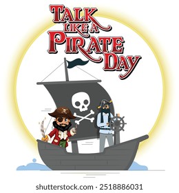 International Talk like a pirate day banner, social media post. 19th September Pirate day banner with a treasure chest, pirate cap, flag, dagger. The day is celebrated to talk like them.