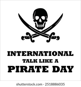 International Talk like a pirate day banner, social media post. 19th September Pirate day banner with a treasure chest, pirate cap, flag, dagger. The day is celebrated to talk like them.