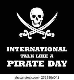 International Talk like a pirate day banner, social media post. 19th September Pirate day banner with a treasure chest, pirate cap, flag, dagger. The day is celebrated to talk like them.