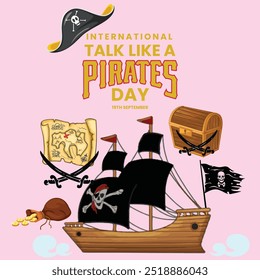 International Talk like a pirate day banner, social media post. 19th September Pirate day banner with a treasure chest, pirate cap, flag, dagger. The day is celebrated to talk like them.