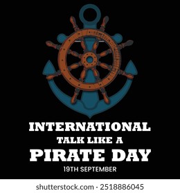 International Talk like a pirate day banner, social media post. 19th September Pirate day banner with a treasure chest, pirate cap, flag, dagger. The day is celebrated to talk like them.