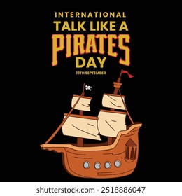 International Talk like a pirate day banner, social media post. 19th September Pirate day banner with a treasure chest, pirate cap, flag, dagger. The day is celebrated to talk like them.