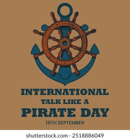 International Talk like a pirate day banner, social media post. 19th September Pirate day banner with a treasure chest, pirate cap, flag, dagger. The day is celebrated to talk like them.