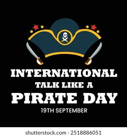 International Talk like a pirate day banner, social media post. 19th September Pirate day banner with a treasure chest, pirate cap, flag, dagger. The day is celebrated to talk like them.