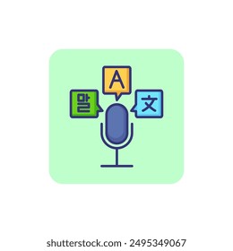 International talks line icon. Microphone and speech bubbles with letters and hieroglyphs. Translating concept. Can be used for topics like foreign language, global communication, interpret