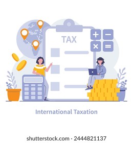 International Taxation concept. Experts navigate global fiscal policies, optimizing tax strategies for multinational operations. Financial stewardship across borders. Vector illustration.