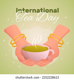 International Tea Day 21 May or 15 December. Woman hand hold a cup with green tea. Greeting square template for social media, website or postcard