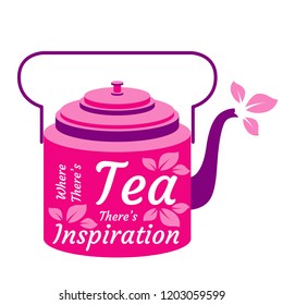 International Tea Day. Agricultural holiday concept. Bright retro teapot. Lettering - Where theres tea theres inspiration. Tea leaves