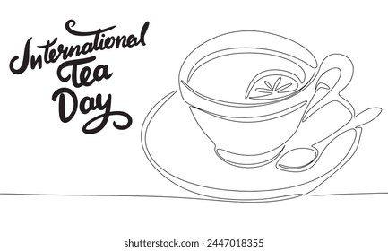 International Tea Day banner. Line art tea and teapot. Hand drawn vector art