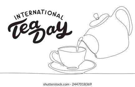 International Tea Day banner. Line art tea and teapot. Hand drawn vector art