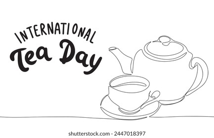 International Tea Day banner. Line art tea and teapot. Hand drawn vector art