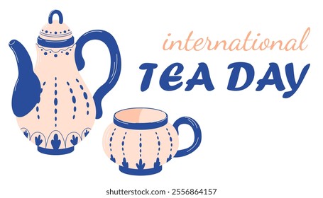 International Tea Day banner with a vintage teapot and teacup in flat style. Perfect for holiday greetings, tea event, poster and themed decoration.