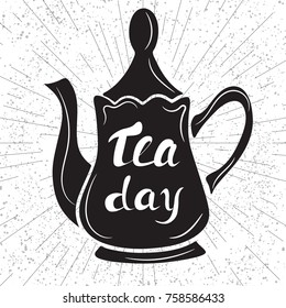 International tea day. Black teapot on an abstract background. Hand-drawn vector illustration.