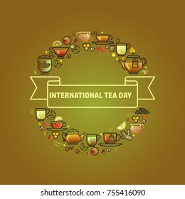 International Tea Day card. Round frame with cup, leaf, lemon,  pot and tea on brown background. Vector template.