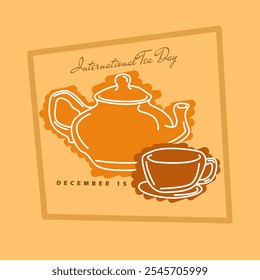 Día Internacional del Té para celebrar el 15 de diciembre. Ilustración de arte de línea de una tetera con una taza en marco sobre fondo marrón claro. Beba el Anuncio del evento.