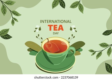 International Tea Day concept background. International Tea day. Red tea with leaf. This Concept Tea garden And Cup Manipulation vector illustration. Design for social media, banner, poster, card. 
