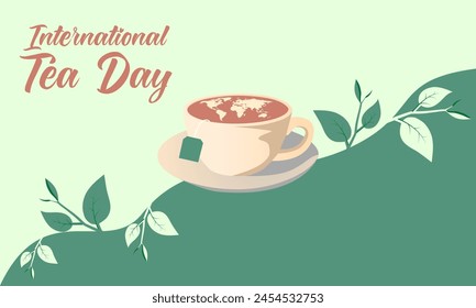 International Tea Day concept background. Vector illustration of a cup of tea with tea leaves. Copy space area for your project 