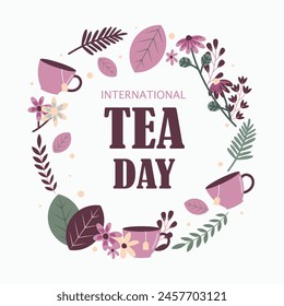 International Tea Day concept background. International Tea day. Red tea with leaf. This Concept Tea garden And Cup Manipulation vector illustration. Design for social media, banner, poster, card.
