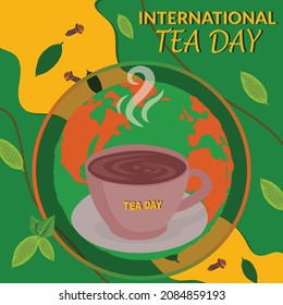 International Tea Day. cup of tea with tea leaf.Vector Illustration.Postcard for the international tea day.