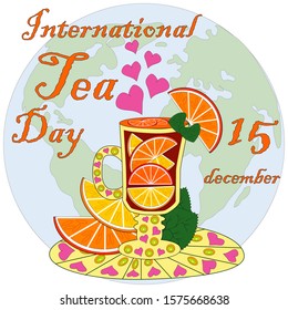 International Tea Day in December 15. World map and cup tea.