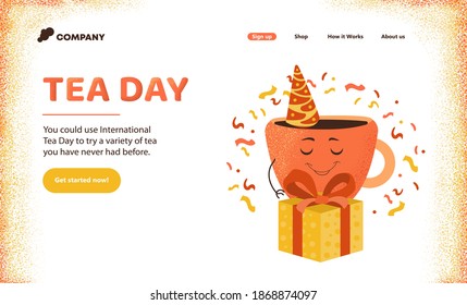 International Tea Day. Festive landing page of tea shop. Cheerful cartoon character a cup opens a gift. Vector illustration.