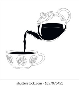 International tea day. A glass teapot pours tea into a mug with beautiful rose patterns.Tea party. Teapot with a mug of 