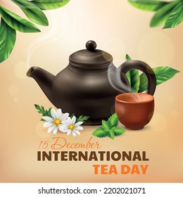 International tea day poster with clay teapot and steaming cup realistic vector illustration