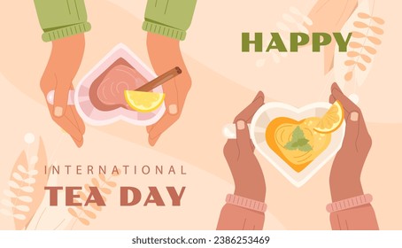International tea day poster. Cup or mug with hot drink. Aroma and beverage, traditional morning breakfast. Holiday and festival. Cover or banner. Cartoon flat vector illustration