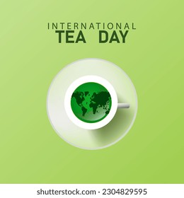 Día Internacional del Té. Té y concepto realistas. diseño para medios sociales. Ilustración del vector del Día Internacional del Té. mundo con taza de té