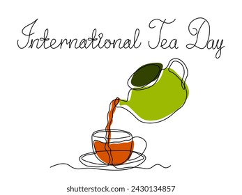 International Tea Day, teapot and cup of tea,continuous single line art drawing sketch